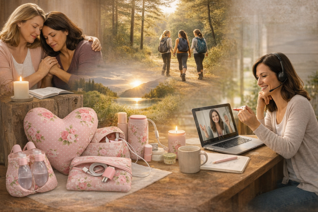 About Soul Anatomy Group Collage showing supportive counseling, outdoor group walk, online coaching session, and recovery comfort items.