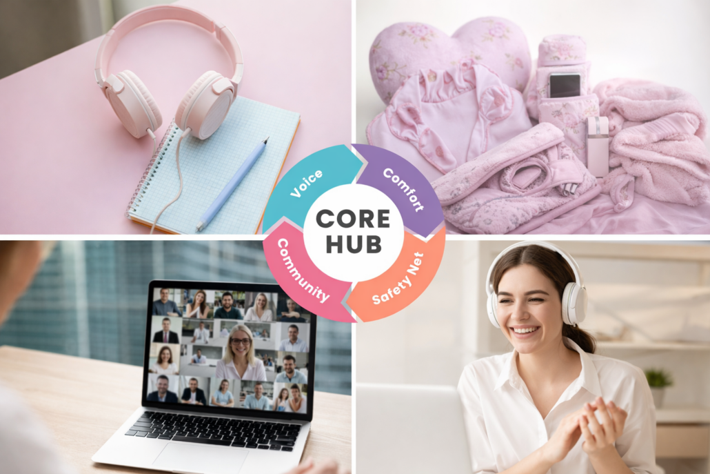 Soul Anatomy Group Core Hub Model Core Hub graphic with sections for voice, content, community, and support, alongside images of online sessions and recovery resources.