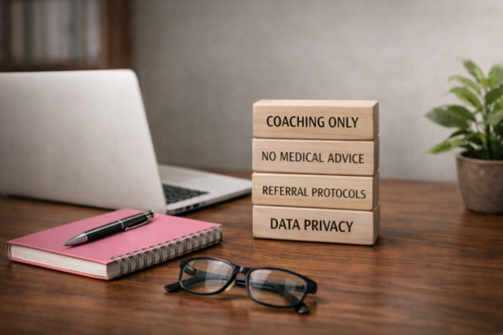 Soul Anatomy Group Coaching Compliance Standards Stacked blocks reading Coaching Only, No Medical Advice, Referral Protocols, and Data Privacy on an office desk.
