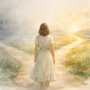 Watercolor illustration of a woman standing at a forked path in a landscape at sunrise.