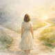 Watercolor illustration of a woman standing at a forked path in a landscape at sunrise.
