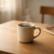 Steaming cup of coffee on a wooden table with a notebook and glasses in the background.