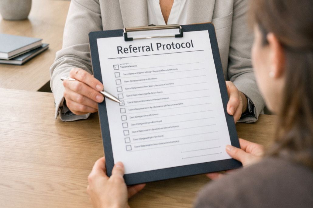 One on One Coaching Referral Process Counselor reviewing a referral protocol form with a client.