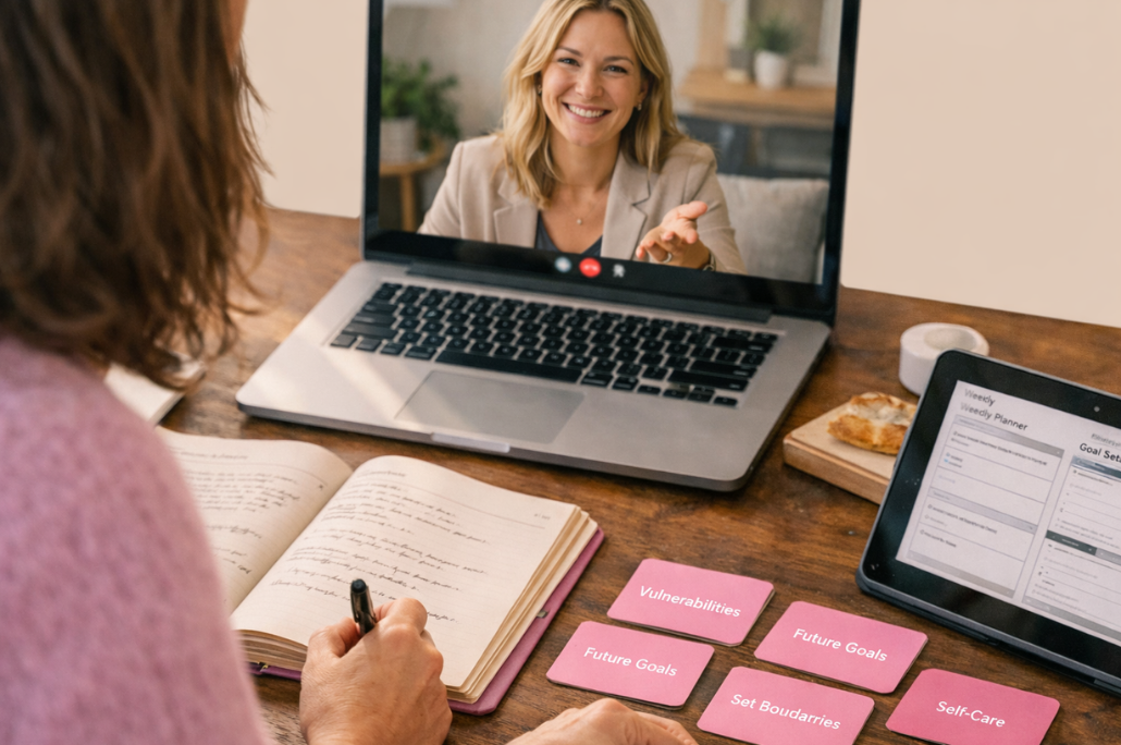 Structured Emotional Support Woman taking notes during a video coaching session on a laptop at a desk.
