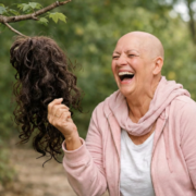 Bald woman laughing outdoors while holding a wig, representing humor and resilience during cancer treatment.