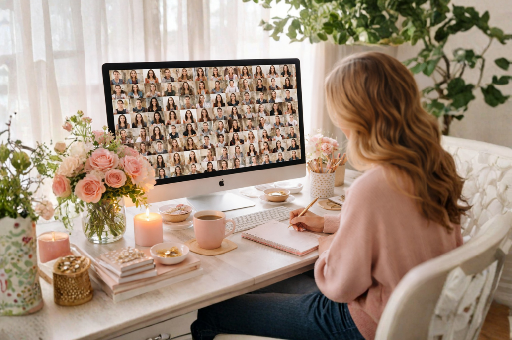 Community From Home Woman sitting at a desk participating in an online group video call on a desktop computer.